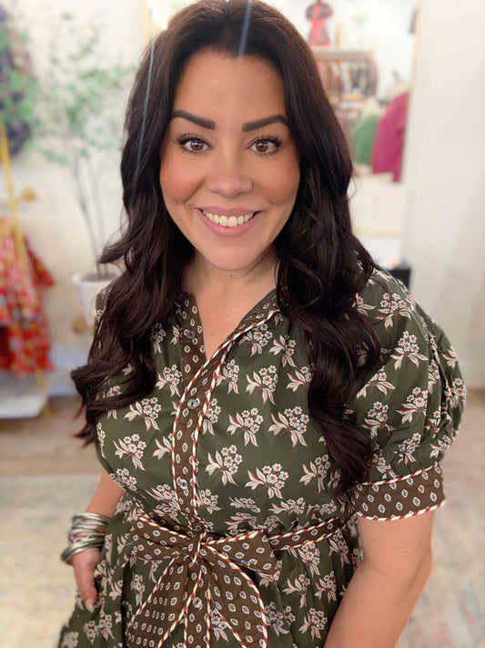 Olive Blossom Belted Dress