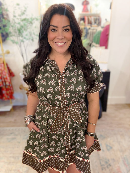 Olive Blossom Belted Dress