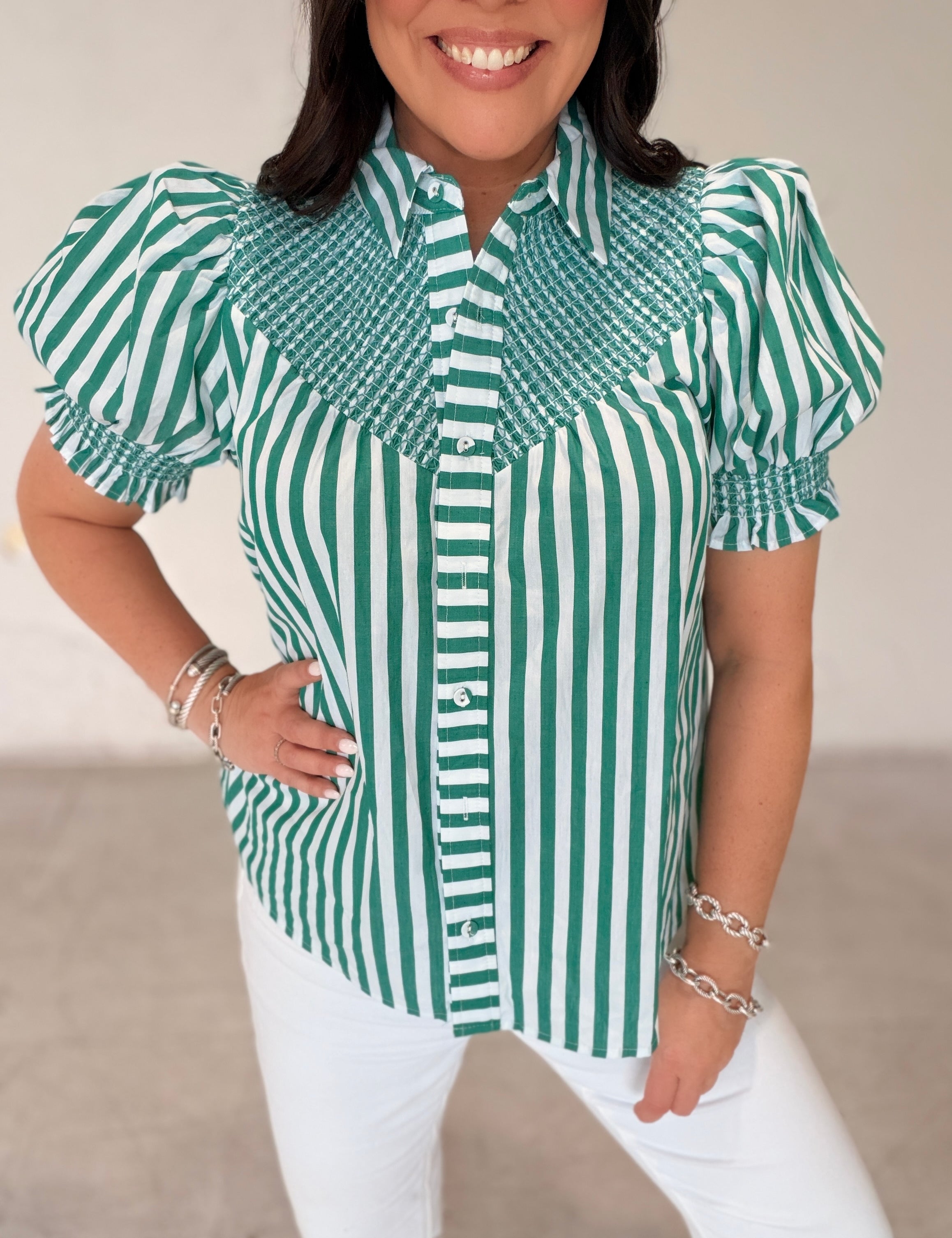 Palm Grove Smocked Button Up Top