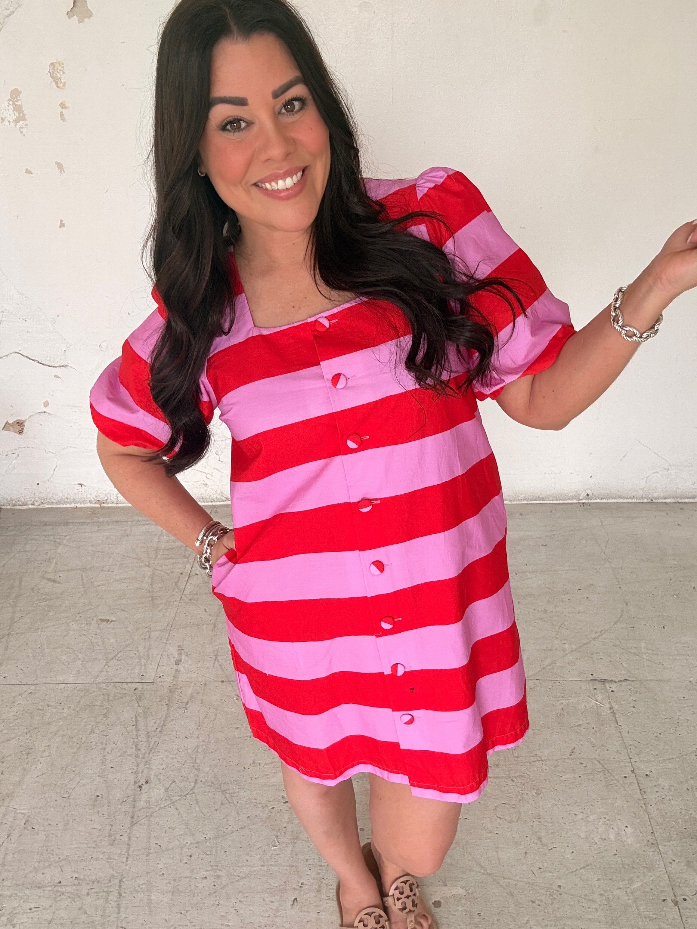 red and pink striped dress Bright Side Stripe Dress
