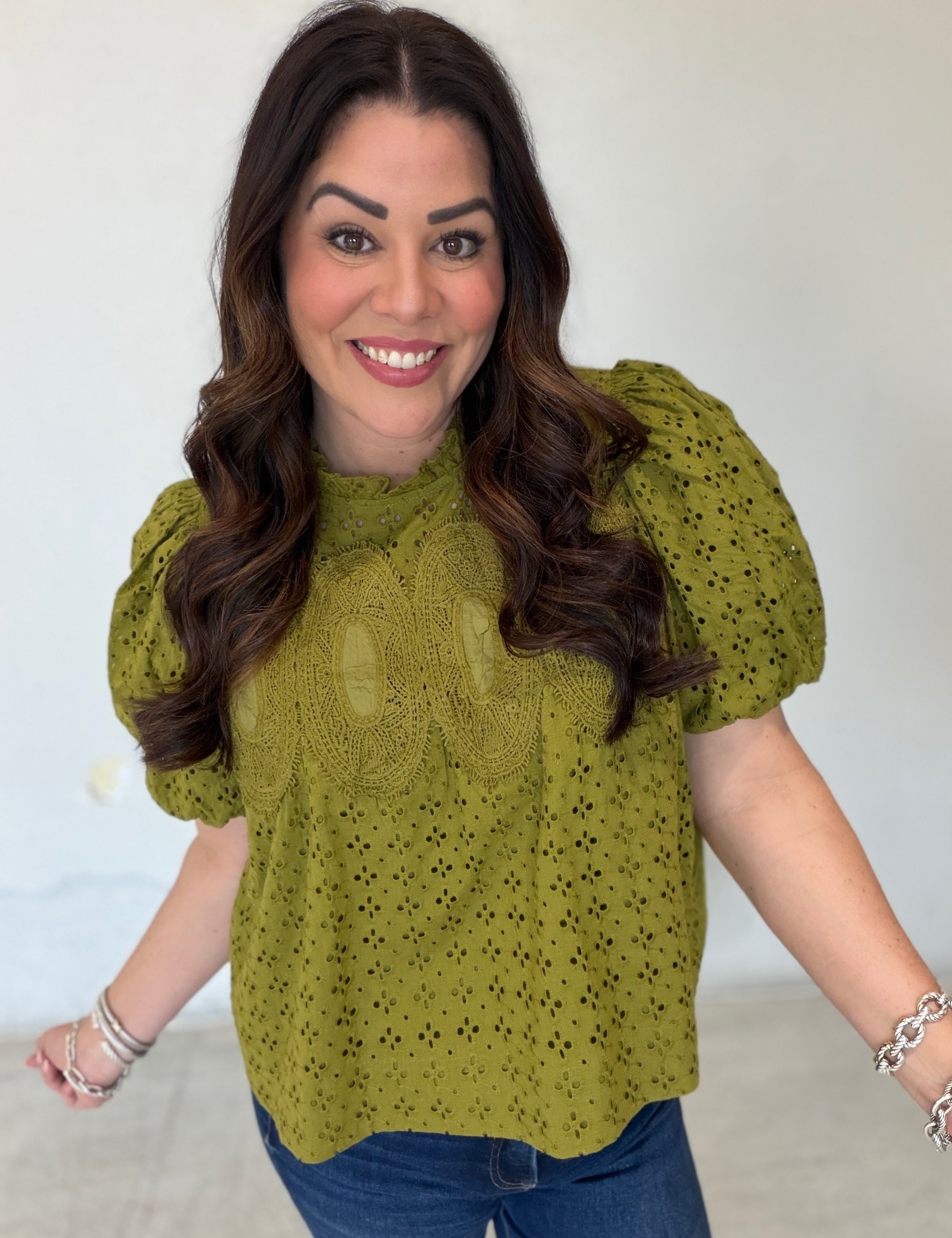 Olive & Eyelet Top